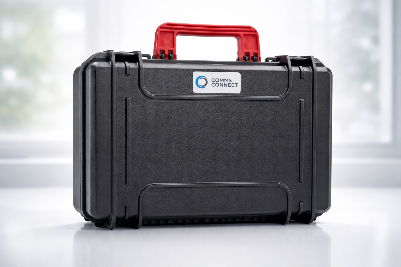 5G Case geschlossen: schwarzer PARAT-Systemkoffer mit rotem Tragegriff und Comms-Connect-Logo