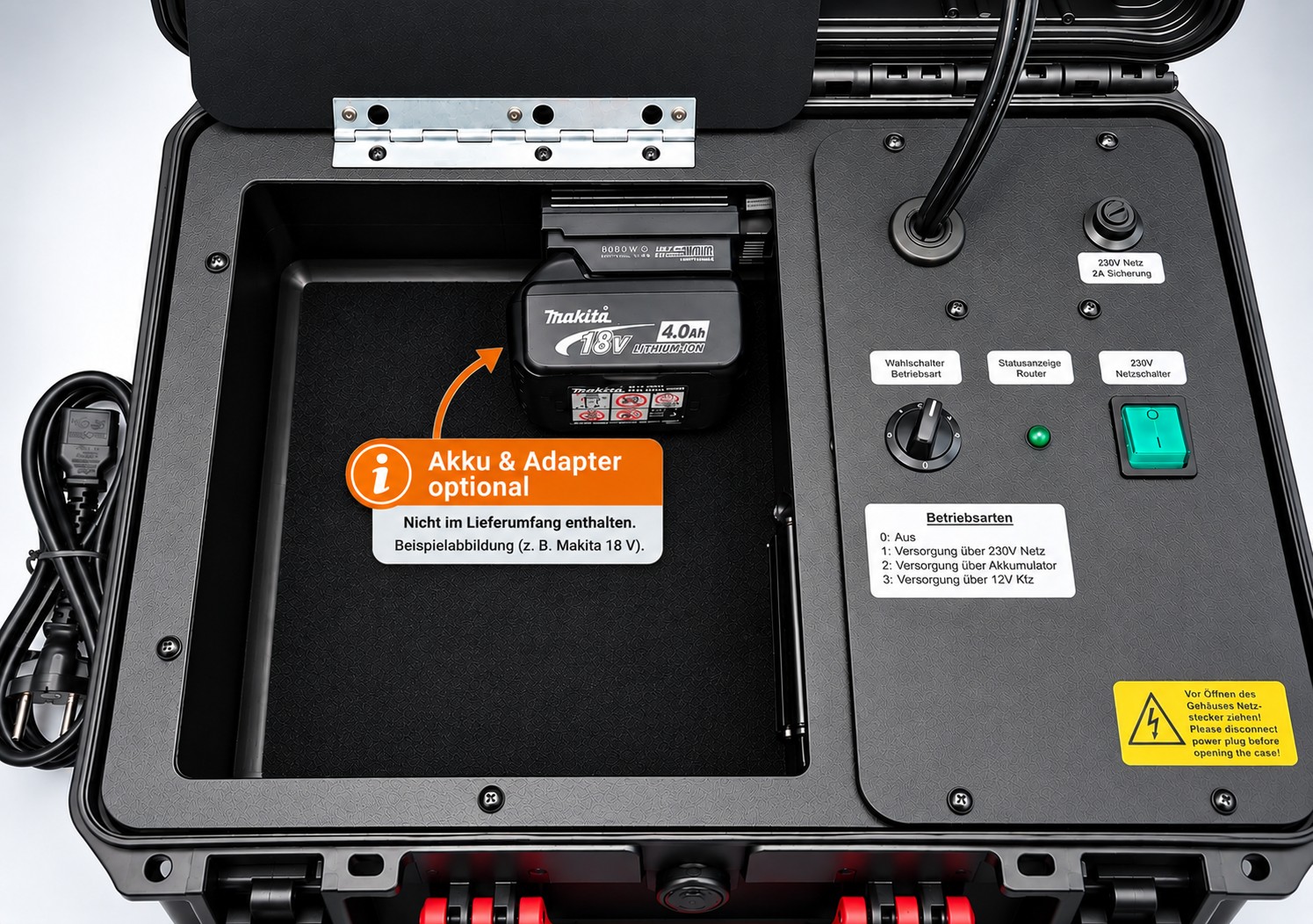 Staufach des 5G Case mit einem 18-V-Werkzeugakku, aufgesteckt auf einen Brennenstuhl MULTI Adapter (Akku und Adapter nicht im Lieferumfang)
